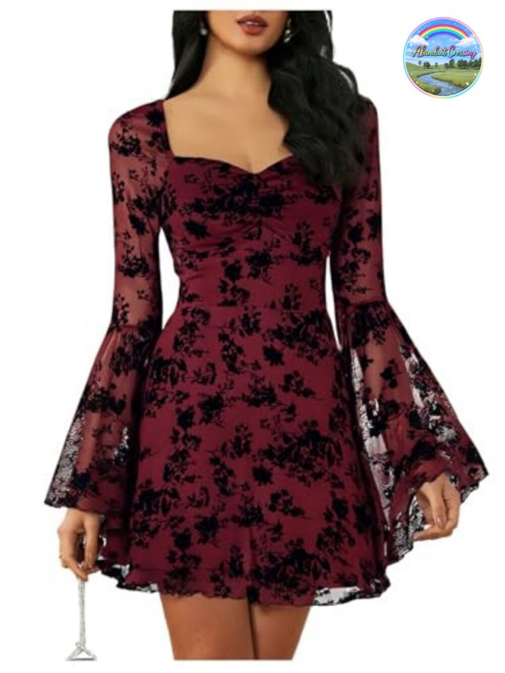 Gothic Floral Jacquard Mesh A-Line Long Sleeve Sweetheart Dress